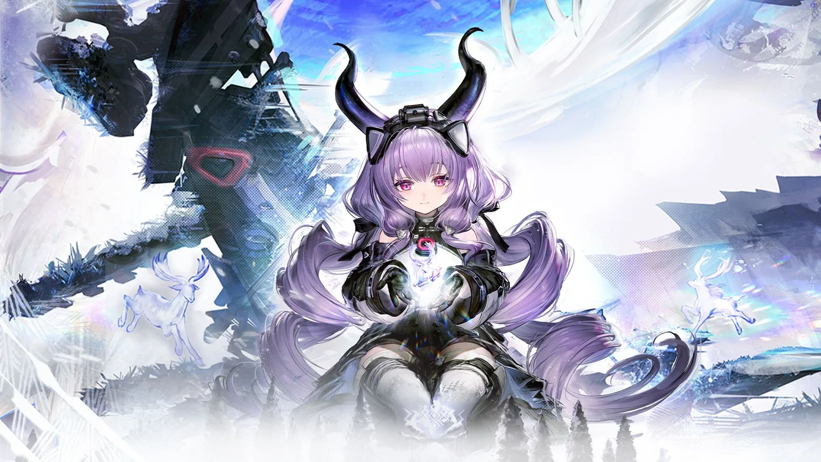 Arknights: Endfield official key art of a horned operator with long purple hair in a snowy landscape