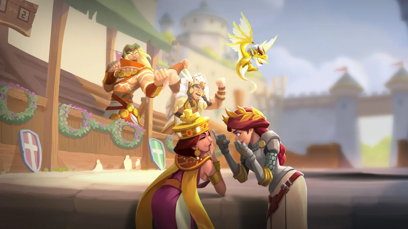Infinity Kingdom official key art of heroes gathered in a castle courtyard