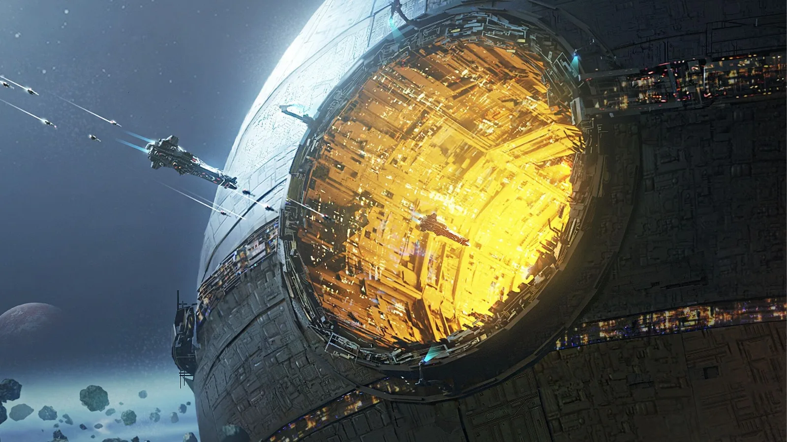 Project Entropy official key art of a giant glowing space station above an asteroid field