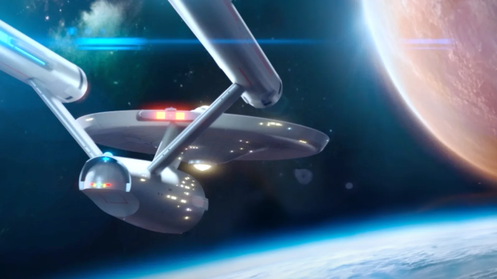 Star Trek Fleet Command official artwork of the USS Enterprise above a planet