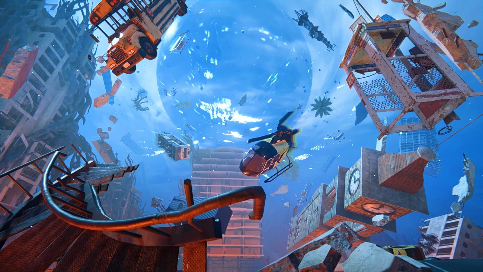 Once Human official screenshot of buildings and debris floating in a distorted blue sky