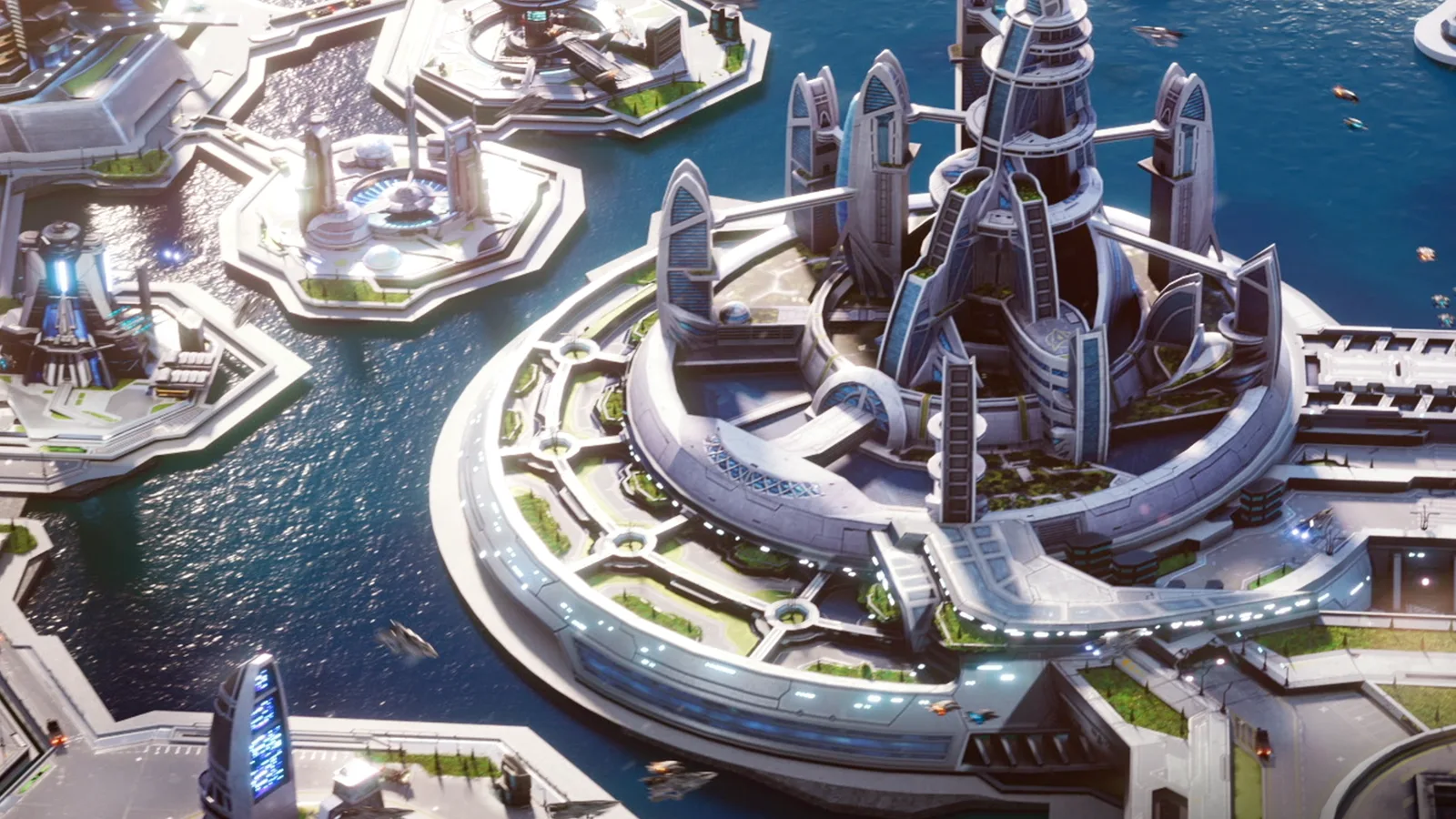 Star Trek Fleet Command official artwork of a futuristic base built on water